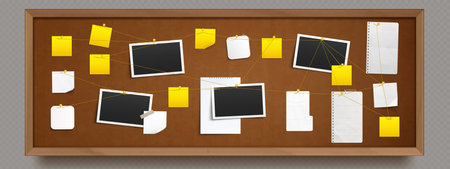 Detective evidence board with photos and papers. Vector realistic illustration of police investigation map, blank pictures and memo notes pinned to cork background, criminal case mystery, search infoのイラスト素材