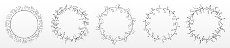 Floral monogram wreaths set isolated on white. Vector illustration of elegant hand drawn circles decorated with flowers and leaves, botanical frame for wedding, invitation, holiday card or logo designのイラスト素材