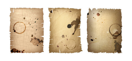 Worn vintage paper with coffee stains and torn edges. Old parchment textures with grunge spots and...
