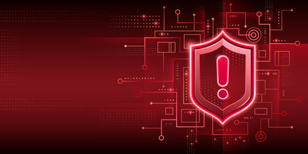 Cyber security alert with glowing red shield icon, exclamation mark and circuit board elements on dark backdrop. Digital threat concept - luminous protective shield symbol surrounded by tech patterns.のイラスト素材