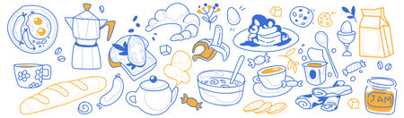 Breakfast doodle set with vintage chalk style illustrations. Coffee cups with croissant, bread and teapot, jam in jar and cafe menu icons drawn in blue and orange line art for brunch design.のイラスト素材