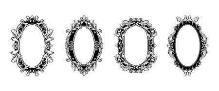 Ornate baroque flourish frame set with vintage oval border and decorative Victorian ornament. Elegant antique filigree design with intricate floral motifs for wedding invitations or mirror frames.のイラスト素材