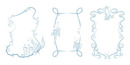 Sea doodle frame border set with hand drawn summer vector elements. Marine invitation boxes with ocean waves and turtles, squid and bubbles, seaweed with corals in blue line art for kids birthday cardのイラスト素材
