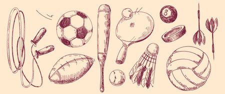 Sport doodle collection with vintage hand drawn icons. Sketch set of soccer ball and tennis racket, baseball bat, rope and various athletic equipment in retro line art style on beige background.のイラスト素材