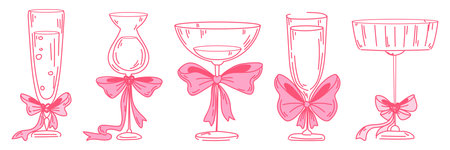 Cocktail glasses with pink bows and ribbons. Champagne flutes, martini and wine glasses adorned with decorative bow ties in vintage line art style for Valentine Day invitations and celebration designのイラスト素材