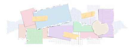 Funky paper collage background with torn notebook sheets and ripped edges. Pastel colored paper scraps, grid textures and tape pieces arranged in vintage scrapbook style for y2k banners design.のイラスト素材