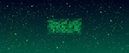 Pixel art background with green gradient texture - digital bitmap pattern with scattered squares and glitch effect. Retro 8 bit screen with dithered mosaic and arcade style LED panel aesthetic.のイラスト素材