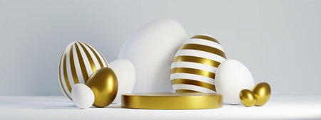 Round golden stage and Easter eggs on white background. Vector realistic illustration of luxury holiday card decoration, sale presentation with platform for product or discount icon, festive bannerのイラスト素材