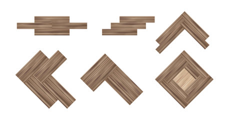 Parquet flooring planks set isolated on white background. Vector realistic illustration of wooden or veneer material for vintage floor design, natural brown laminate for interior decorationのイラスト素材