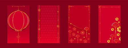 Chinese red envelopes with golden pattern. Vector realistic illustration of traditional Asian angpao design with oriental lantern and fan, floral ornament and gold frames, money gift packageのイラスト素材