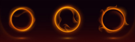 Abstract fire rings glowing on black background with smoke or haze. Vector realistic illustration of round frames with burning flame effect, hot circles shimmering in darkness, magic portalのイラスト素材