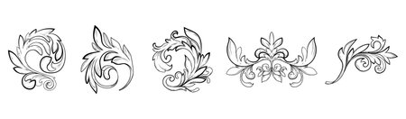 Classical baroque frame ornaments set isolated on white background. Vector illustration of vintage floral border and corner elements with scrolls and leaves, filigree swirl decoration, line artのイラスト素材