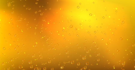 Golden beer with bubbles closeup view, realistic lager texture with rising air bubbles. Vector illustration of fresh carbonated amber color drinkのイラスト素材
