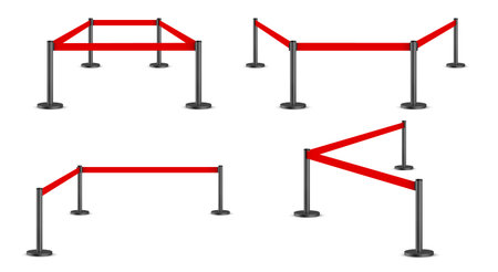 Belt barrier with red rope on black poles isolated on white background. Vector realistic illustration of ribbon queue line divider for security control at airport, night club, museum, theaterのイラスト素材