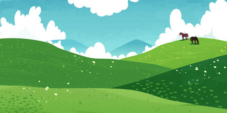 Green mountain valley or meadow, rolling hills with two horses, vector illustration. Natural spring landscape backgrounds with grass fields, farm animals and blue sky with white cloudsのイラスト素材