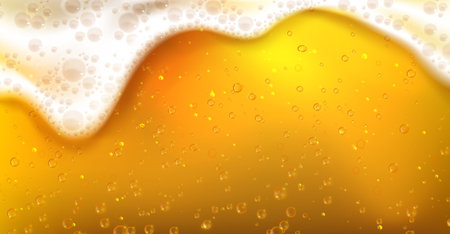 Golden beer with bubbles and foam closeup view, realistic lager texture with rising air bubbles. Vector illustration of fresh carbonated amber color drinkのイラスト素材