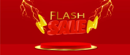 Flash sale podium with electric lightning and thunderbolt. Realistic vector illustration of 3D round platform for mega discount offer, red golden product display, promotional banner design with flashのイラスト素材