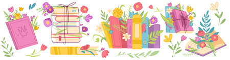 Book stack with flowers cartoon vector illustration isolated on white background. Opened and closed books, tied with string or cord and with bouquet between pages, summer or spring reading elementsのイラスト素材