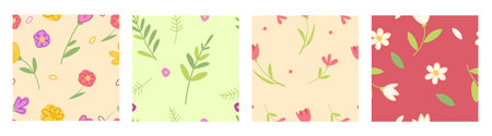 Seamless floral pattern, set of ditsy motifs, cartoon vector illustrations. Color backgrounds with wildflowers and leaves, spring and summer prints, cute simple childish or girly style backdropsのイラスト素材
