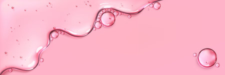Transparent gel serum liquid texture with round drops and bubbles on pink background, realistic vector. Hyaluronic acid, collagen or skincare cosmetic essence. Abstract beauty product close upのイラスト素材