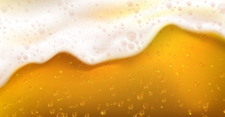 Golden beer with bubbles and foam closeup view, realistic lager texture with rising air bubbles. Vector illustration of fresh carbonated amber color drinkのイラスト素材