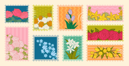 Vintage postage stamps spring flowers collection, vector illustration. Floral design in retro postal frame style. Blooming roses, tulips and daffodils borders on striped or dotted backgroundのイラスト素材