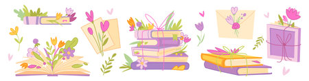 Book stack with flowers cartoon vector illustration isolated on white background. Opened and closed books, tied with string or cord and with bouquet between pages, summer or spring reading elementsのイラスト素材