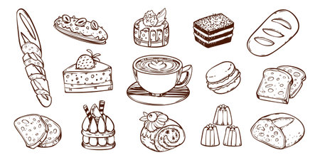 Sketch bakery doodle icons isolated on white background. Vector illustrations of fresh baguette, coffee cup, chocolate cake, eclair and macaron, whimsical hand drawn design elements for breakfast menuのイラスト素材