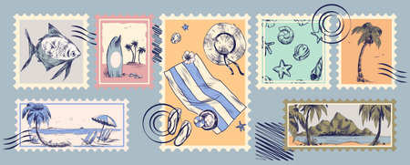 Vintage sketch beach postcards or stamps set with palm trees, striped chairs and umbrella. Vector illustration of italian sea coast, summer paradise posters with retro hand drawn landscapes, surfboardのイラスト素材