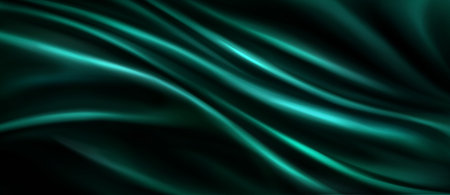 Green silk fabric texture with smooth waves. Vector realistic illustration of luxury satin cloth, abstract curtain drapery background, emerald green premium material with silky gradient, draped flagのイラスト素材