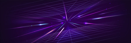 Neon light wireframe tunnel with laser beams flare and perspective, abstract vector background....