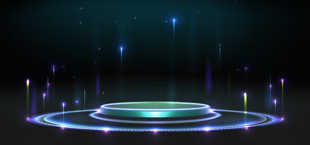 Future technology round podium with glowing blue hologram effect. Abstract vector background with tech portal and neon light beams, digital stage for product presentation in cyber punk spaceのイラスト素材