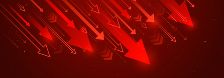Red neon arrows moving down, financial loss abstract vector background. Modern downward graphic,...