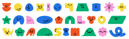 Cute cartoon shapes with funny faces and happy smiles, vector set isolated on white background....