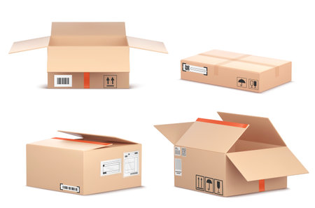 Realistic 3D cardboard open box mockup wirh red tape realistic vector. Brown delivery package isolated on white. Parcel with fragile, keep dry symbols, shipping or postal service elementsのイラスト素材