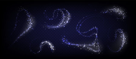 Silver glitter trails with sparkling dust particles, realistic vector isolated on dark transparent background. Magical spark swirls effects. Shimmering stars and bright light powder for festive designのイラスト素材