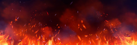 Realistic fire flames with glowing sparks and smoke effect on black background. Vector illustration...
