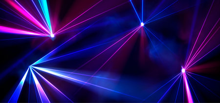 Vibrant laser beams in darkness, dynamic light rays with flare, abstract vector background. Concert...