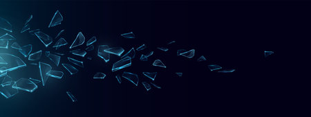 Shattered glass pieces, exploding ice crystal fragments, 3d realistic vector banner. Broken mirror shards flying on black background with dramatic crack effect. Sharp debris borderのイラスト素材