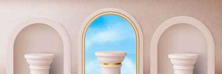 Roman pillars on beige wall background with arch windows. Vector realistic illustration of antique...