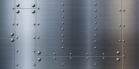 Industrial metal plate with rivets on glossy surface. Vector realistic illustration of iron...