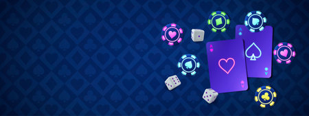 Neon casino items glowing on gambling themed background. Vector realistic illustration of poker...