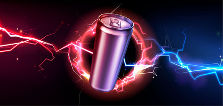Energy drink can and color lightning effects on black background. Vector realistic illustration of...