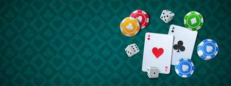 Casino poker cards, dices and chips on green gaming table with classic pattern. Professional card...