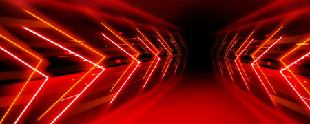 Neon red arrow dynamic tunnel with perspective and glowing lights, abstract vector background....