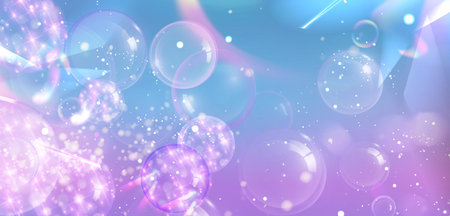 Transparent soap bubbles on pink and blue gradient background. Vector realistic illustration of...