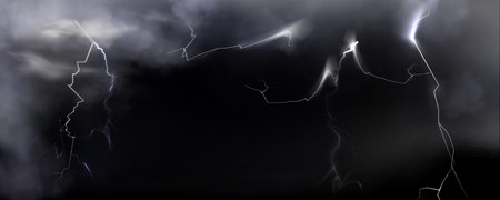 Realistic stormy sky with lightning bolts and clouds on black background. Vector illustration of...