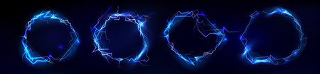 Electric energy frame with glowing blue lightning bolts and neon thunder effect, realistic vector...