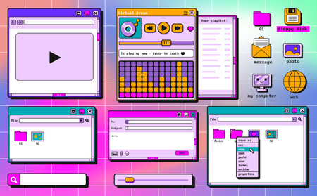 Retro Y2K computer window interface. Vector illustration of retro OS folder icons, media player,...