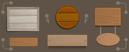 Rustic wooden sign boards set. Vector realistic illustration of plank frame signboards of different shape for game design, farm label, vintage billboard with natural timber texture, blank rural bannerのイラスト素材